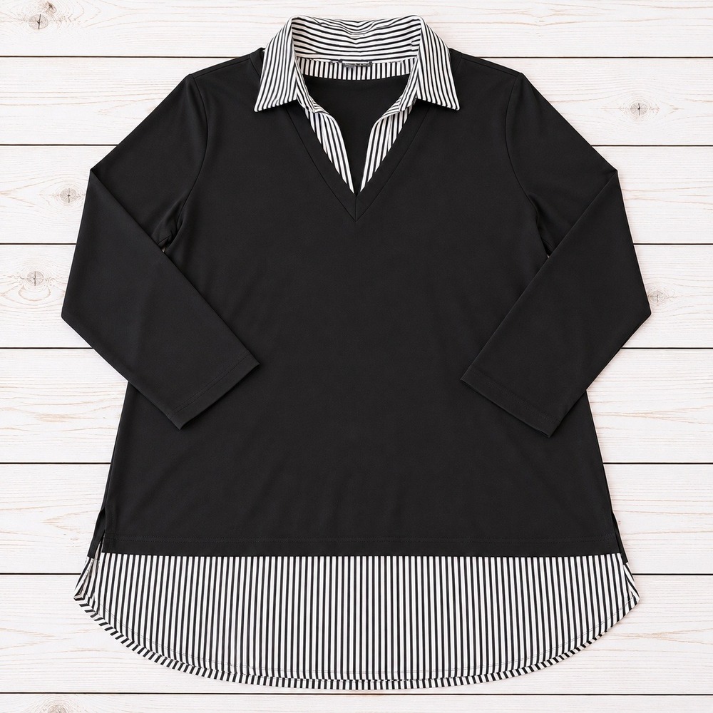Adrianna Papell Tunic Top Layered Look Striped Trim Black White Career Size M